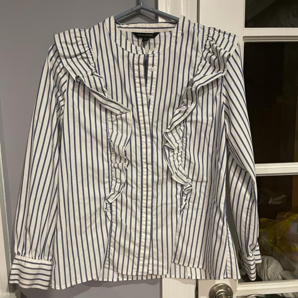 Striped Button Down Ruffle Blouse - image 3